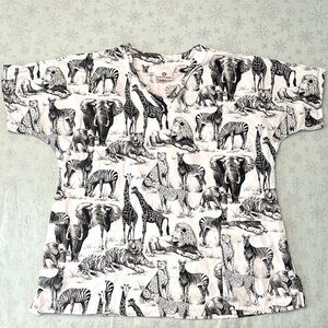 🦁🐘🦒 White Cross Safari Animal Print Scrub Top - LG